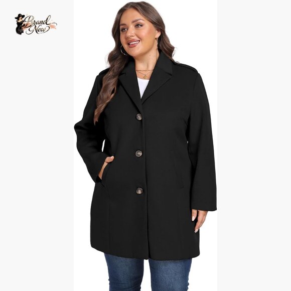Plus Size Peacoat Jacket with Notched Lapel Polyester Long Sleeve